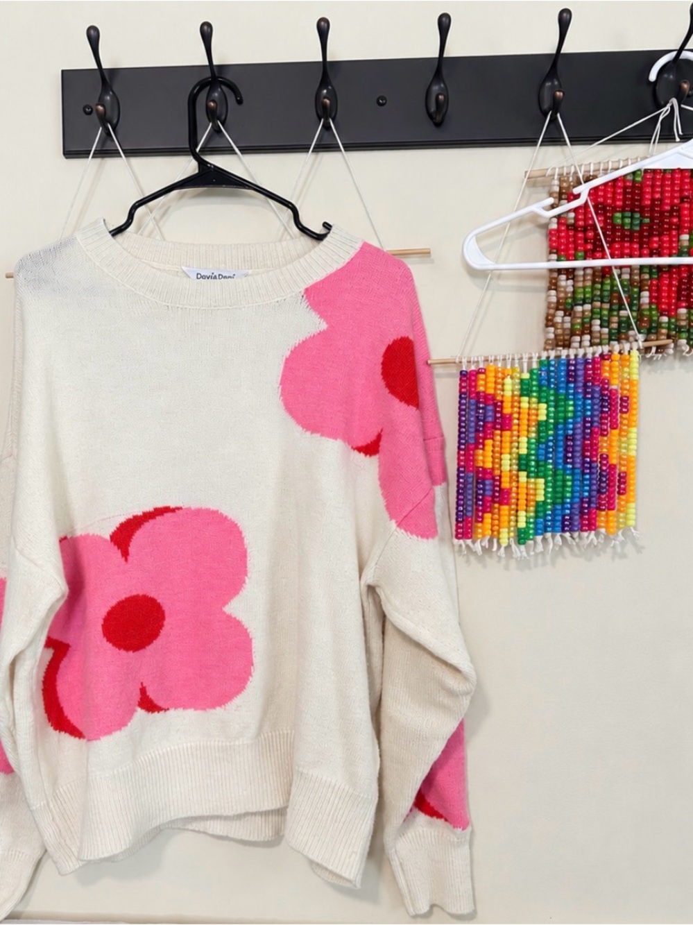 DAVI & DANI Cream Crewneck Sweater with Pink & Red Floral Motif